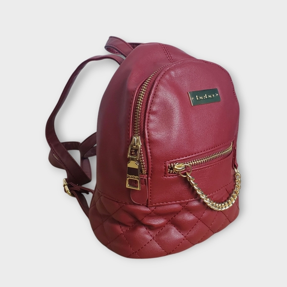 bebe Handbags - Bebe Mini Backpack Quilted Burgundy Faux Leather Gold Chain 10"x9"